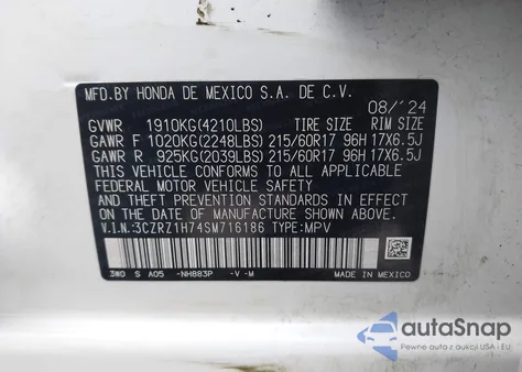 2025 Honda Hr-V 2Wd Ex-L z USA, uszkodzony, nr VIN 3CZRZ1H74SM716186
